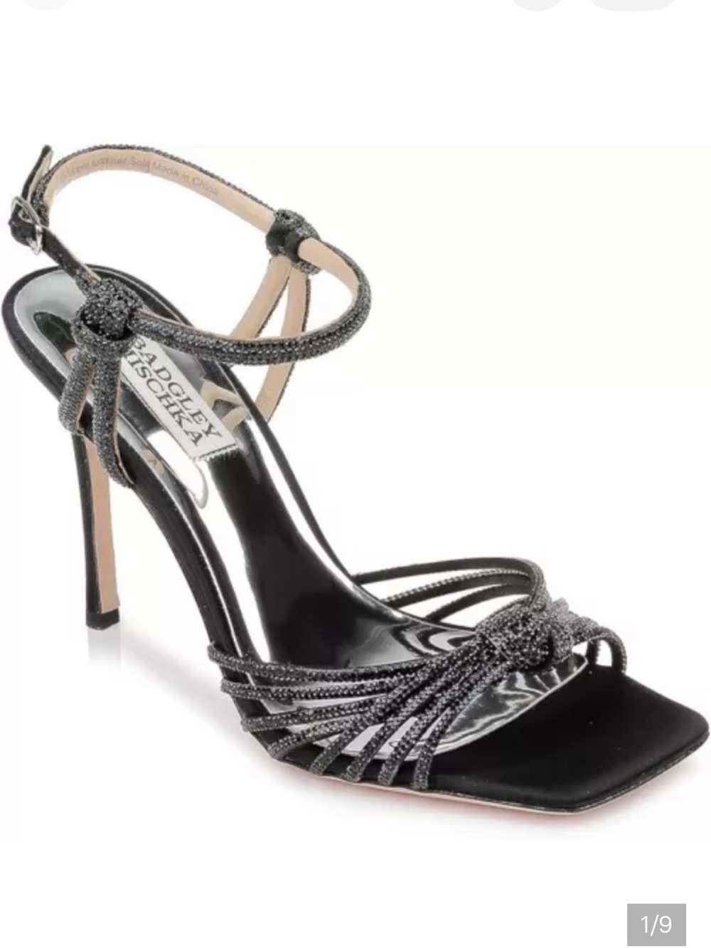 Badgley Mischka Estella Black Stiletto Heel Strappy Rhinetstone Satin Sandal 5.5